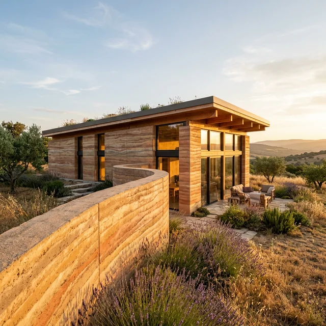 Maison contemporaine en pisé et terre crue en Occitanie